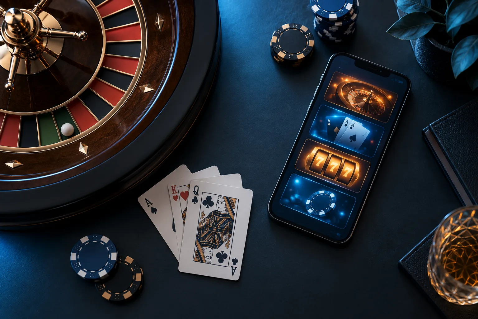 Mesa editorial con ruleta, cartas y una interfaz de casino genérica